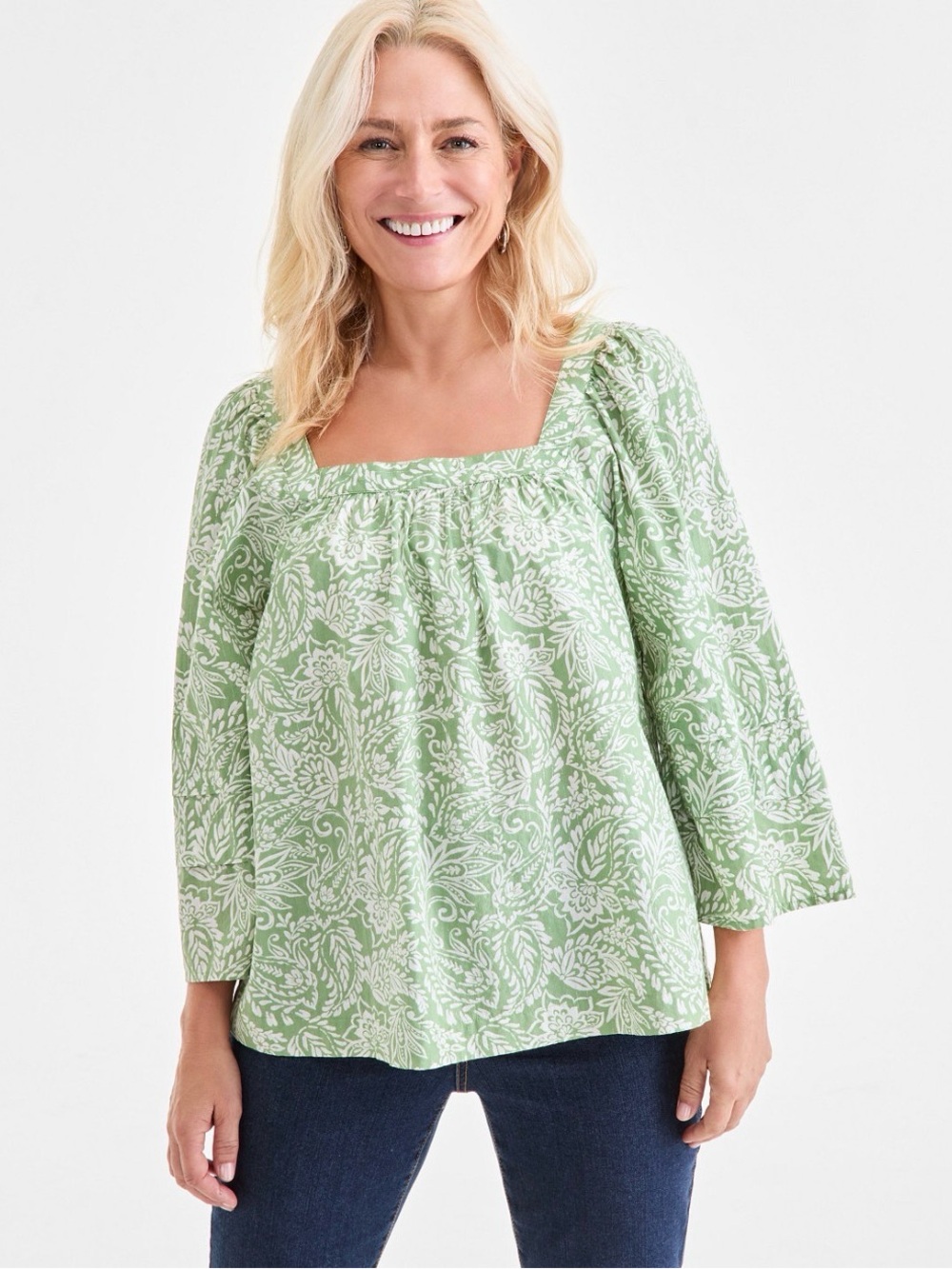 Style & Co Square-Neck 3/4-Sleeve Shine Blouse, Macy's Exclusive (Sz L) NWT